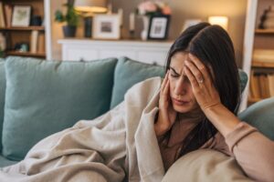 Person lying on sofa holding head while suffering migraine